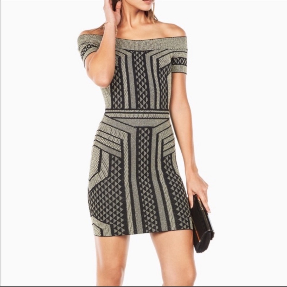 BCBGMaxAzria Black and Gray Off-Shoulder Bodycon Mini Dress